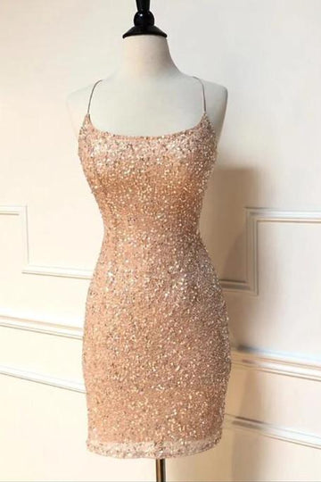 Sparkle Straps Tight Peach Sequins Short Homecoming Dress HZ1023